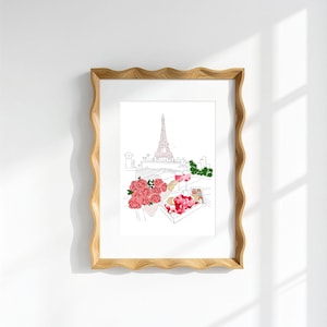 Puede incluir: Una l&aacute;mina enmarcada con un dibujo lineal de la Torre Eiffel de Par&iacute;s, acompa&ntilde;ado de una ilustraci&oacute;n en acuarela de un ramo de rosas rosas, dos copas de vino y una bandeja de pasteles variados sobre una azotea.