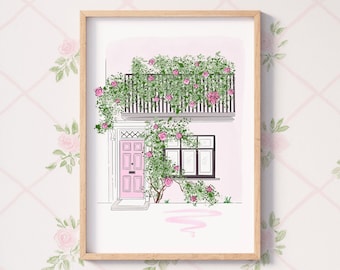 London House Print, Belgravia Wall Art, Pink Door Illustration (A4 Paper)