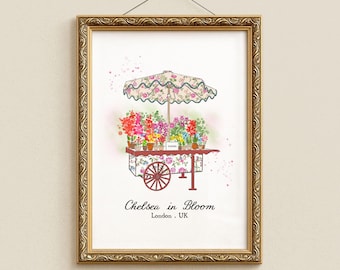 Chelsea in Bloom Art Print, London Wall Art, Floral Cart Illustration (A4 Paper)