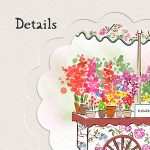 K&ouml;nnte beinhalten: Eine Aquarellillustration eines Blumenwagens mit einem gewellten Vordach und einem blumig gemusterten Unterbau. Der Wagen zeigt verschiedene Topfblumen in Rot-, Rosa- und Gelbt&ouml;nen. Das Wort Details ist oben links aufgedruckt.