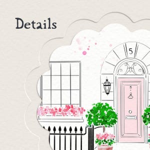 Pu&ograve; includere: Illustrazione ad acquerello di una facciata di un edificio con una porta rosa e fioriere con fiori rosa. L'immagine include la parola "Details" in scrittura nera.