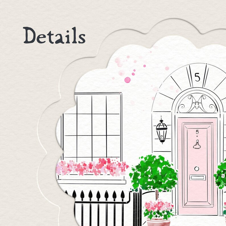 Pu&ograve; includere: Illustrazione ad acquerello di una facciata di un edificio con una porta rosa e fioriere con fiori rosa. L'immagine include la parola "Details" in scrittura nera.