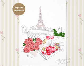 Paris Rooftop Printable, Cityscape Wall Art, Eiffel Tower Illustration (A4 Digital Download)