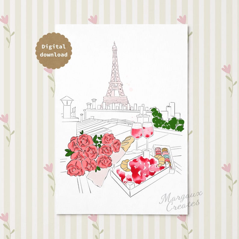 Puede incluir: Una impresi&oacute;n art&iacute;stica digital con un dibujo lineal de la Torre Eiffel sobre los tejados parisinos. En primer plano, se muestran un ramo de rosas rosas, dos copas de vino, una barra de pan y una caja de coloridos macarons.