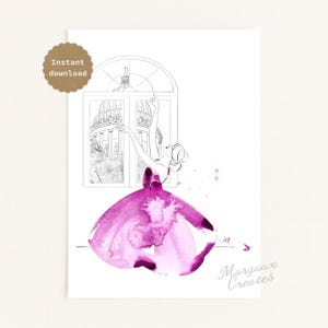 May include: A watercolour print featuring a ballerina in a magenta dress, set against a window with a building view. The print includes the text "Instant download" and the artist's signature "Margaux Creates".
