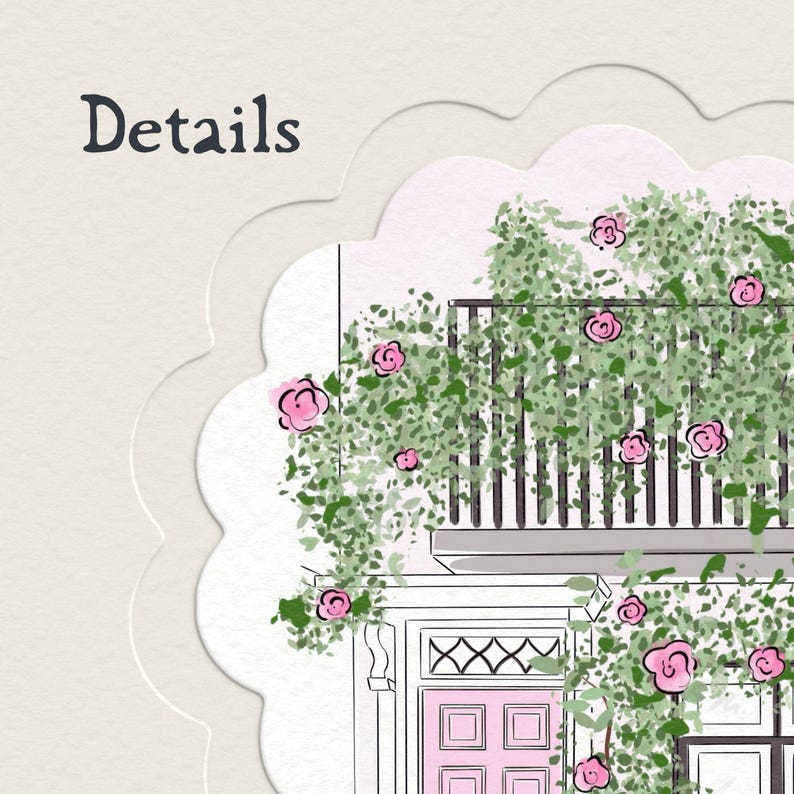 May include: A digital illustration featuring a building facade with a pink door and a balcony covered in green vines and pink roses. The word Details is printed in dark gray text in the upper left corner, framed by a scalloped edge border.