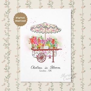 K&ouml;nnte beinhalten: Ein digitaler Download-Druck, der einen blumengemusterten Blumenwagen mit passendem gewelltem Sonnenschirm zeigt, gef&uuml;llt mit bunten Topfblumen. Der Wagen tr&auml;gt ein Schild mit der Aufschrift FLOWERS und den Text Chelsea in Bloom London UK.