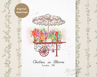 Chelsea in Bloom Printable, London Wall Art, Floral Cart Illustration (A4 Digital Download)