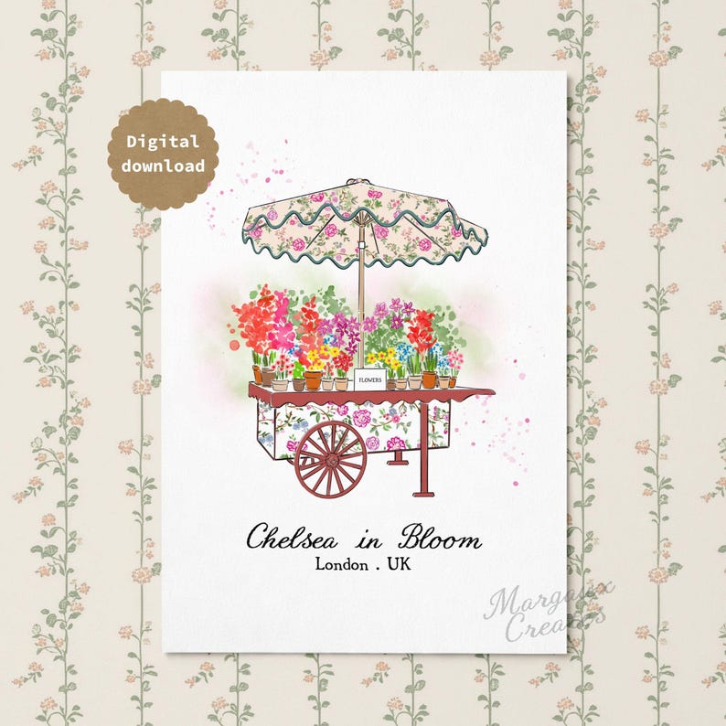K&ouml;nnte beinhalten: Ein digitaler Download-Druck, der einen blumengemusterten Blumenwagen mit passendem gewelltem Sonnenschirm zeigt, gef&uuml;llt mit bunten Topfblumen. Der Wagen tr&auml;gt ein Schild mit der Aufschrift FLOWERS und den Text Chelsea in Bloom London UK.