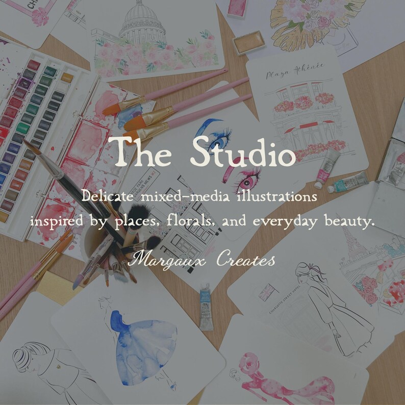 May include: A collection of mixed-media illustrations featuring floral designs, architectural sketches, and fashion figures, accompanied by watercolor paint sets, various paintbrushes, and tubes of paint with the text The Studio and Margaux Creates.