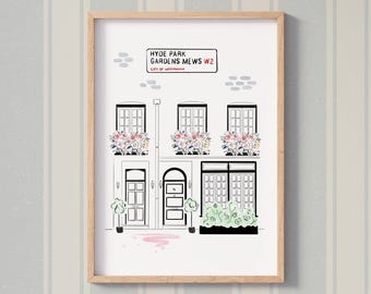 Stampa artistica di London Mews, illustrazione architettonica da parete, illustrazione di Hyde Park Gardens (carta A4)