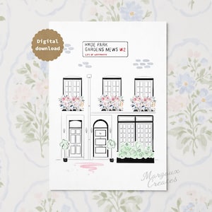 Pu&ograve; includere: Una stampa artistica in download digitale con un disegno al tratto di una casa a schiera londinese. Il testo recita HYDE PARK GARDENS MEWS W2 CITY OF WESTMINSTER. L'illustrazione include finestre con fioriere rosa e arbusti.