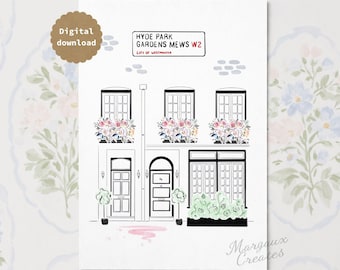 London Mews Printable, Architecture Wall Art, Hyde Park Gardens Illustration (A4 Digital Download)