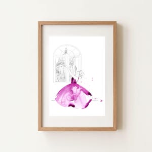 May include: Framed art print featuring a magenta watercolour figure near a window with a cityscape. The artwork is in a light wood frame. The illustration combines watercolour and line art techniques.