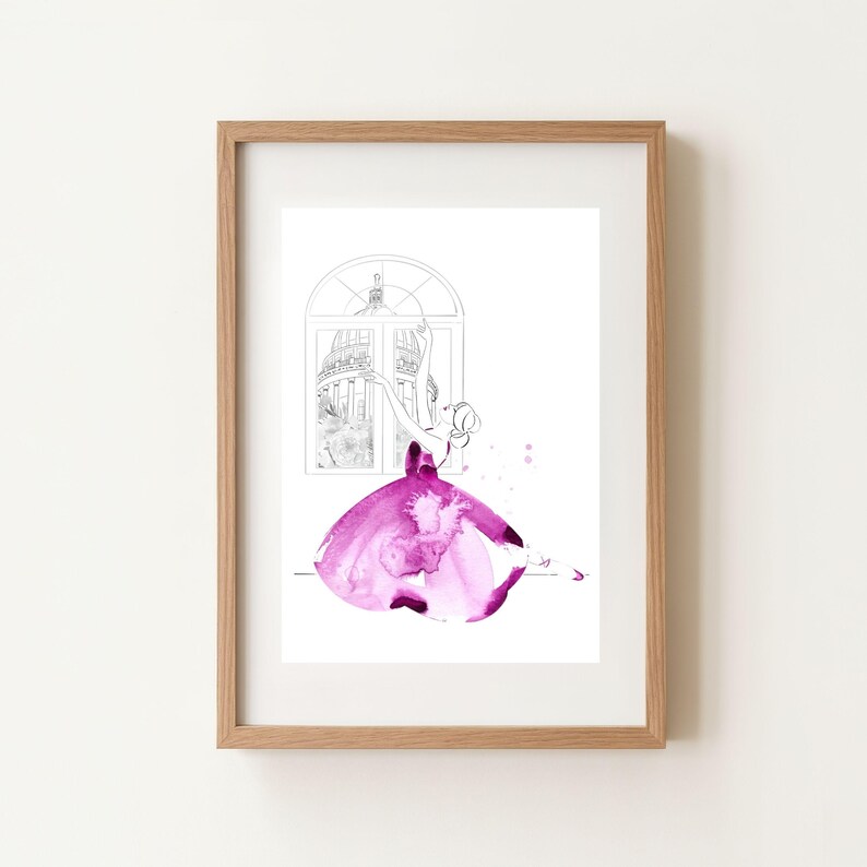May include: Framed art print featuring a magenta watercolour figure near a window with a cityscape. The artwork is in a light wood frame. The illustration combines watercolour and line art techniques.