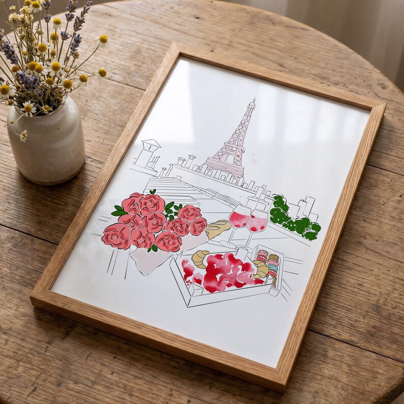 Puede incluir: Una l&aacute;mina de arte lineal enmarcada que muestra la Torre Eiffel de Par&iacute;s, un ramo de rosas rosas, dos copas de vino tinto y una caja de macarons de colores. La ilustraci&oacute;n utiliza contornos negros con toques de acuarela en tonos rosa, rojo y verde.
