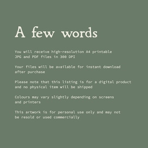 Puede incluir: Un gr&aacute;fico digital de color verde salvia con el texto blanco A few words seguido de informaci&oacute;n sobre archivos JPG y PDF imprimibles en alta resoluci&oacute;n tama&ntilde;o A4 a 300 DPI, descarga instant&aacute;nea, estado del producto y t&eacute;rminos de uso.