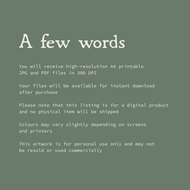 Puede incluir: Un gr&aacute;fico digital de color verde salvia con el texto blanco A few words seguido de informaci&oacute;n sobre archivos JPG y PDF imprimibles en alta resoluci&oacute;n tama&ntilde;o A4 a 300 DPI, descarga instant&aacute;nea, estado del producto y t&eacute;rminos de uso.