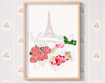 Kunstprint op het dak Parijs, kunst aan de muur stadsgezicht, illustratie Eiffeltoren (A4-papier)