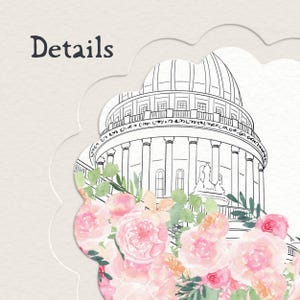 May include: A decorative card with the word Details printed in dark gray. The card features a black line drawing of a domed building with columns, partially obscured by a watercolor illustration of pink and peach roses with green leaves.