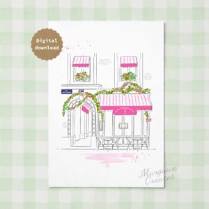 Op de afbeelding: Een digitale kunstdruk met een lijntekening van een Parijse bistro met roze gestreepte luifels, groene klimplanten en caf&eacute;tafels buiten. De tekst luidt Digital download en Bistro Saint Dominique. Onderaan bevindt zich een roze aquarelspat.