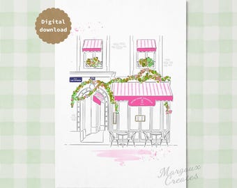 Wydruk z kawiarnią w Paryżu, grafika ścienna do restauracji, ilustracja do bistro Saint Dominique (pobieranie cyfrowe w formacie A4)