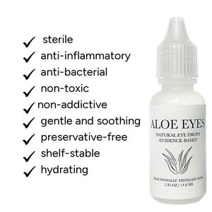 Puede incluir: Una botella blanca de gotas para los ojos naturales Aloe Eyes. La etiqueta incluye el texto "NATURAL EYE DROPS EVIDENCE-BASED" y "FRACTIONALLY DISTILLED ALOE 5 fl oz / 14,8 ml". La botella está etiquetada como estéril, antiinflamatoria, antibacteriana, no tóxica e hidratante.