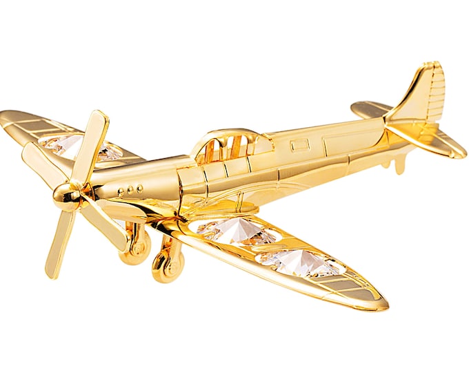 Handmade 24K gold plated spitfire war plane hand decorated w/ Swarovski crystals table décor ornament figurine premium gift sparkling