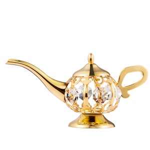 Handmade 24K gold plated Aladdin genie magic  lamp hand decorated w/ Swarovski crystals table décor figurine premium gift sparkling stunning