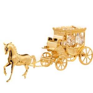 Carruaje de caballos hecho a mano, chapado en oro de 24 quilates, decorado a mano con cristales de Swarovski, adorno de decoración de mesa, figura de regalo premium brillante