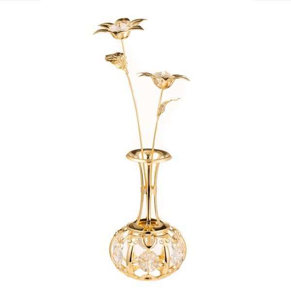 Handmade 24K gold plated flower in vase hand decorated Swarovski crystals table interior cabinet décor figurine premium gift sparkling