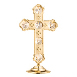 Handmade 24K gold silver plated holy cross hand decorated Swarovski crystals table décor figurine premium gift sparkling religious interior