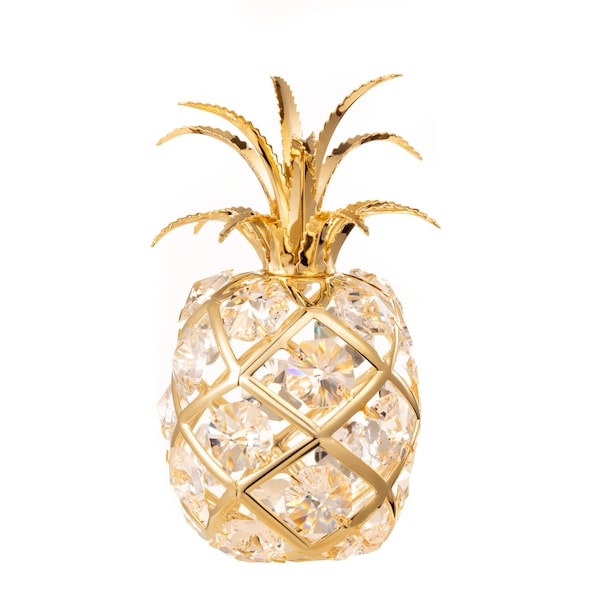 Handmade 24K gold plated pineapple hand decorated with Swarovski crystals table décor figurine premium gift sparkling Hawaiian souvenir