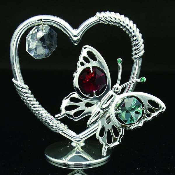 Swarovski multicolor crystal element studded silver plated butterfly in heart shape figurine tabel display