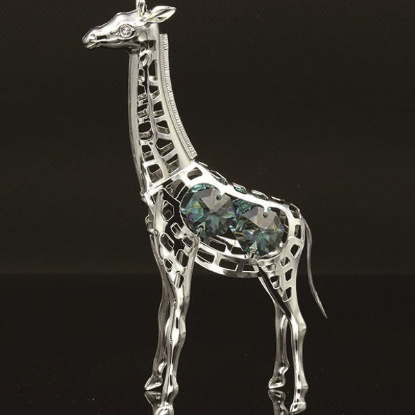 Ornement de figurine girafe en métal argenté clouté en cristal aigue-marine Swarovski