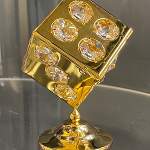Handmade 24K gold plated spinning dice hand decorated w/ Swarovski crystals table décor figurine sparkling interior gambling casino Vegas