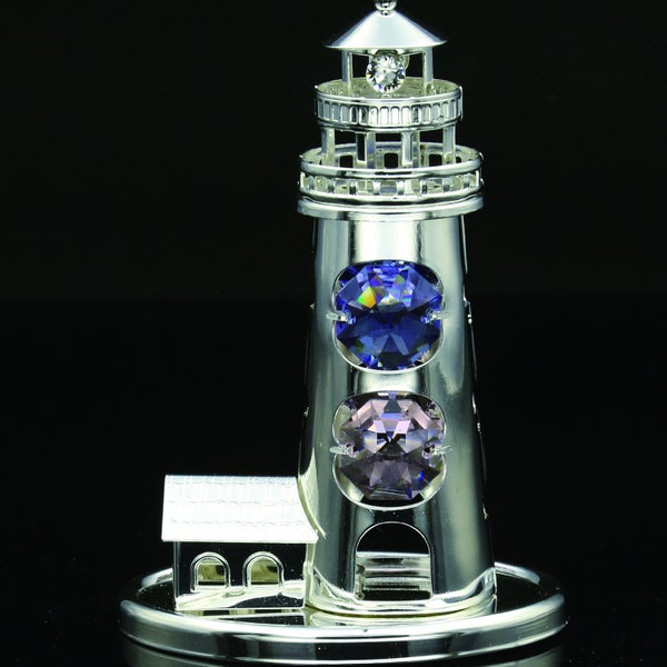Swarovski saffier en roos kristal element bezaaid verzilverd vuurtoren beeldje ornament