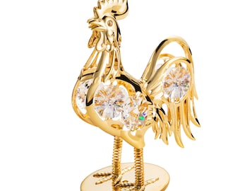 Handmade gold silver plated bouncing rooster figurine hand decorated w/ Swarovski crystals premium gift luxury sparkling interior décor