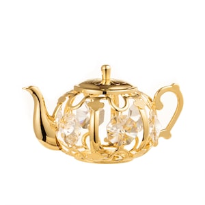 Handmade 24K gold plated teapot hand decorated with Swarovski crystals table décor ornament figurine premium gift sparkling interior