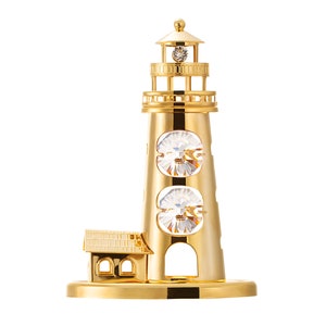 Handmade 24K gold plated lighthouse hand decorated with Swarovski crystals table décor ornament figurine premium gift sparkling interior
