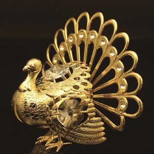 Handmade 24K gold plated turkey hand decorated with Swarovski crystals table décor ornament figurine premium gift sparkling interior