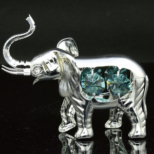Silver plated elephant hand decorated with Swarovski aquamarine crystals table décor ornament figurine premium gift sparkling interior