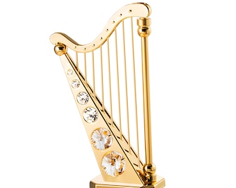 Handmade 24K gold plated harp hand decorated with Swarovski crystals table décor ornament figurine premium gift sparkling interior
