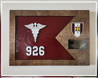 Custom Wood Guidon Plaque with Sublimated Color Crest & Brass Plate, Military Gift, PCS, Award, Retirement