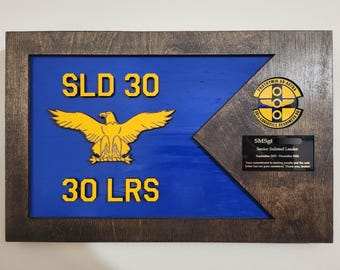 May include: Wooden plaque with a blue background featuring the text "SLD 30" and "30 LRS" in yellow. A gold eagle is centered. A badge and a black nameplate are on the right side. The plaque is framed in dark wood.
