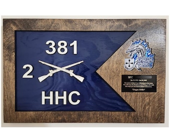 May include: Wooden framed plaque with a blue flag design featuring the numbers "381", "2", and "HHC" in white. Crossed rifles are centered below the number "2". A "Dragon Strike" emblem and text are on the right.