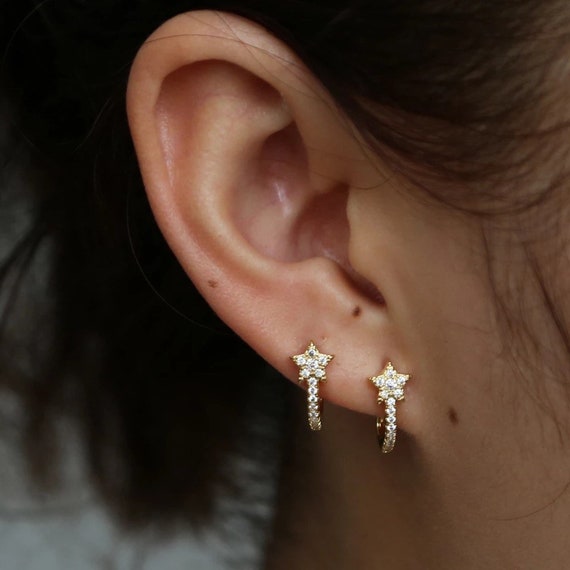 Gold Silver J Shape Stud Micro Pave Star Earring Drop Hoop Etsy Gold Silver J Shape Stud Micro Pave Star Earring Drop Hoop Etsy