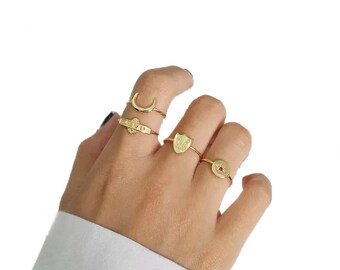 18k Gold rings, minimal, moon, baby, cubic zirconia sun “M” Dainty Jewels, layering, bridal ring band, thin chic elegant, gift, charm rings