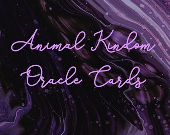 May include: An image with a dark purple background featuring the words "Animal Kingdom Oracle Cards" in a cursive, light purple font. The text "Created by Tina's Psychic Readings" is also visible. The background has a marbled effect.