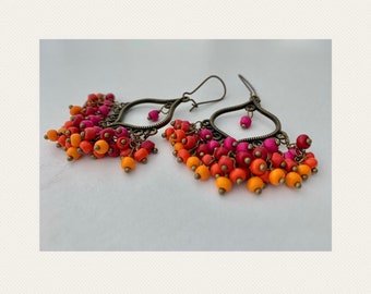 Boho vintage style earrings with pink red and orange